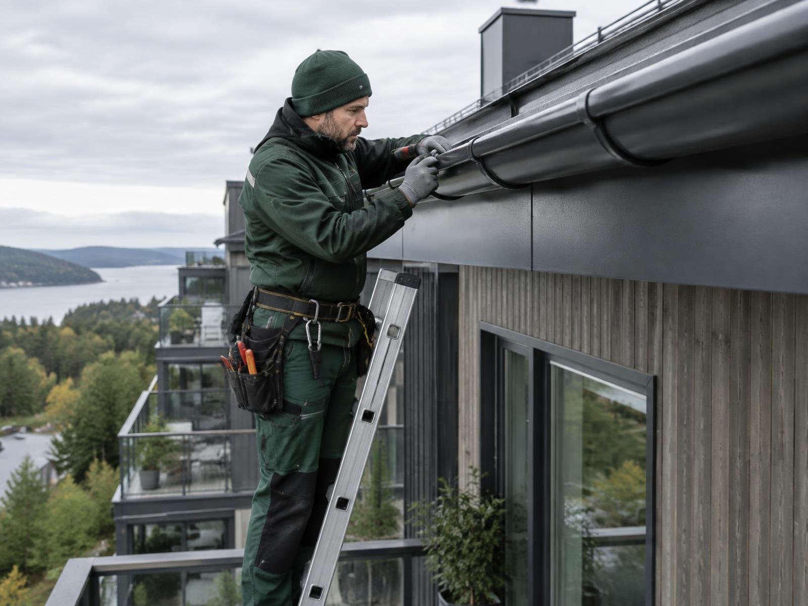 Fagperson som vedlikeholder takrenne på et moderne bygg